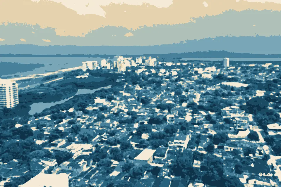 Balneario de Marbella: Vista aérea de Cartagena de Indias desde el barrio Torices, mostrando las playas de Marbella, Crespo y parte del Aeropuerto Internacional Rafael