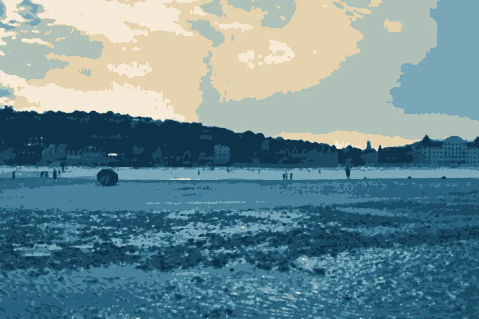 Grande Plage: Panorama (stitched) of Trouville-sur-Mer from the beach, 2024