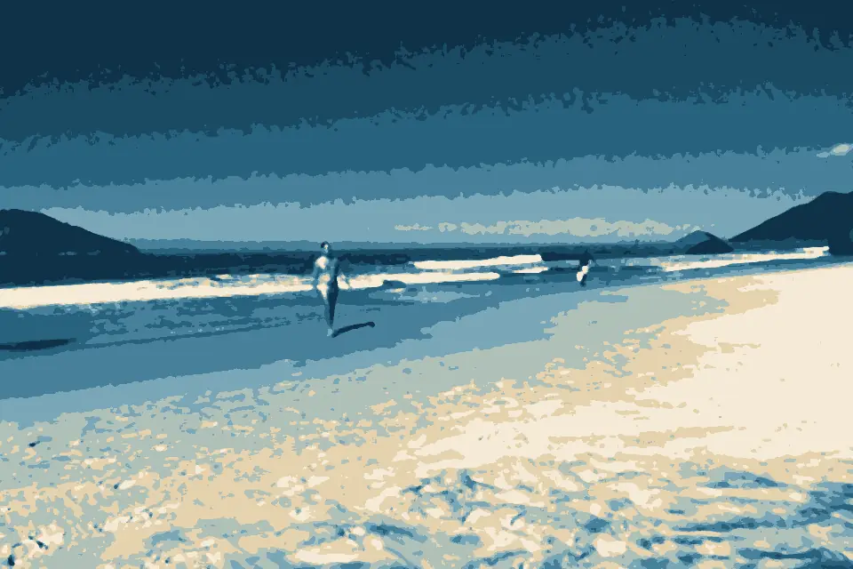 Praia do Abricó: Nude man walking on the sand at Abrico Beach on a sunny day, with the ocean and coastal landscape in the background
